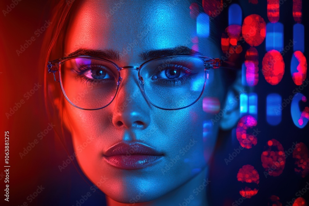 Woman in Glasses Captivates with Neon Lighting and Intense Expression Woman in Glasses Captivates with Neon Lighting and Intense Expression