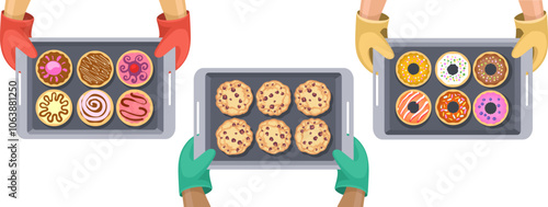 Baking trays in oven mitten hands