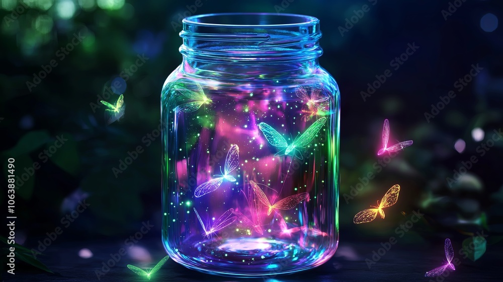 A whimsical jar filled with glowing fireflies against a dark background. A whimsical jar filled with glowing fireflies against a dark background.