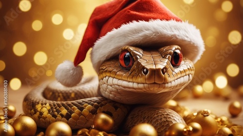 Obraz na płótnie Snake wearing a red Christmas hat against a golden Christmas bokeh background w salonie