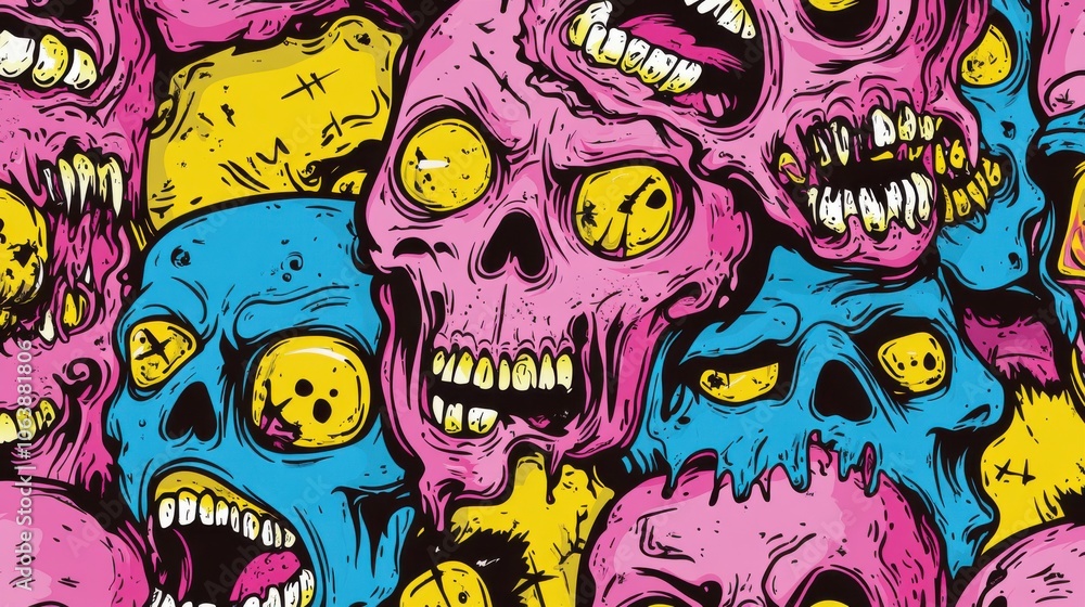 Obraz premium Colorful, abstract zombie faces with large eyes and dripping features, creating a surreal and playful atmosphere.
