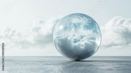 Reflective sphere capturing cloudy skies on calm surface