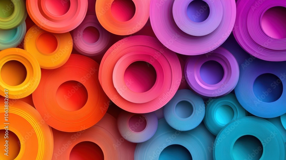 Colorful abstract composition featuring a variety of circular shapes in vibrant hues of red, blue, yellow, and black.