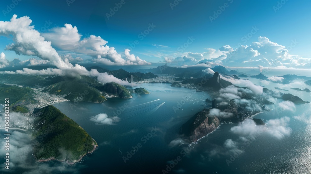 A panoramic view of lush islands floating amidst a misty sea under a vast sky, capturing the serene splendor of a tropical archipelago. A panoramic view of lush islands floating amidst a misty sea under a vast sky, capturing the serene splendor of a tropical archipelago.