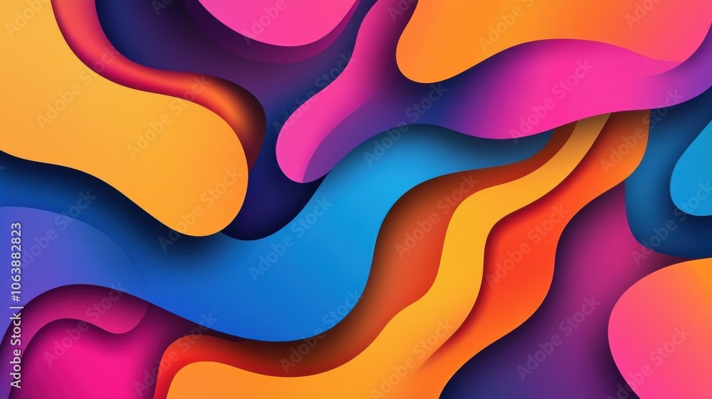 Colorful abstract background featuring sharp, faceted shapes in vibrant shades of pink, yellow, and blue.