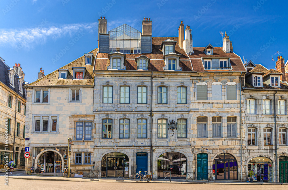 Maison natale de Victor Hugo birthplace house building on Grande Rue street in Besancon old town centre ville, La boucle de Besançon city centre in sunny day, Bourgogne-Franche-Comte region, France