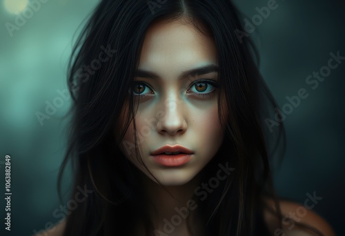 Wallpaper Mural Close-up Portrait of a Young Woman with Long Dark Hair and Green Eyes Torontodigital.ca