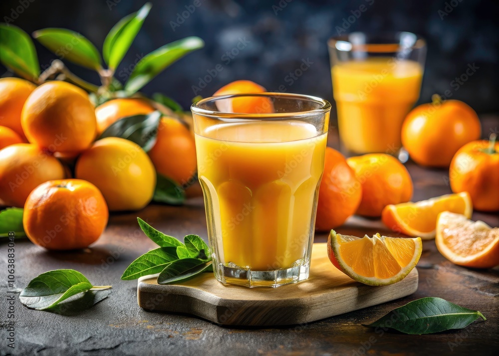 Refreshing Splash of Crystal Clear Orange Juice in a Glass with Golden Droplets on White Background Refreshing Splash of Crystal Clear Orange Juice in a Glass with Golden Droplets on White Background
