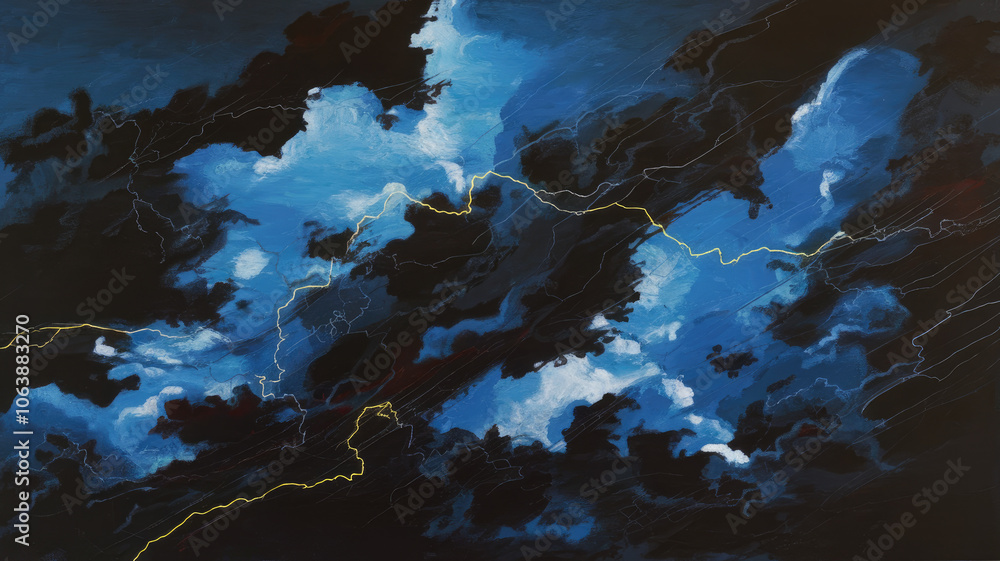 A striking abstract artwork depicting a stormy sky with bold blue and black clouds, highlighted by vivid yellow and white lightning streaks, creating a dramatic and dynamic atmosphere. A striking abstract artwork depicting a stormy sky with bold blue and black clouds, highlighted by vivid yellow and white lightning streaks, creating a dramatic and dynamic atmosphere.