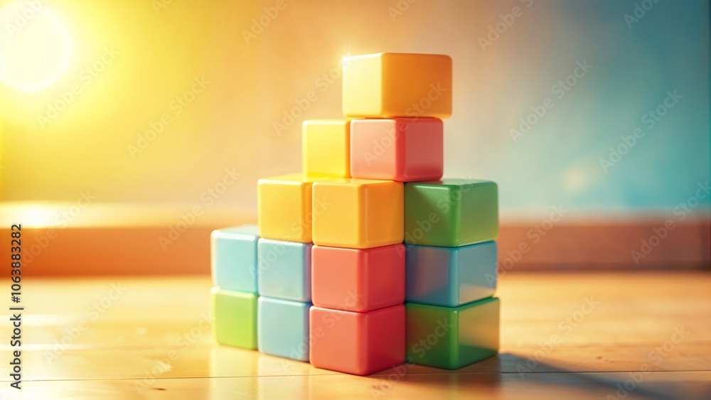 Obraz premium Colorful toy building blocks stacked creatively in a bright sunlit room