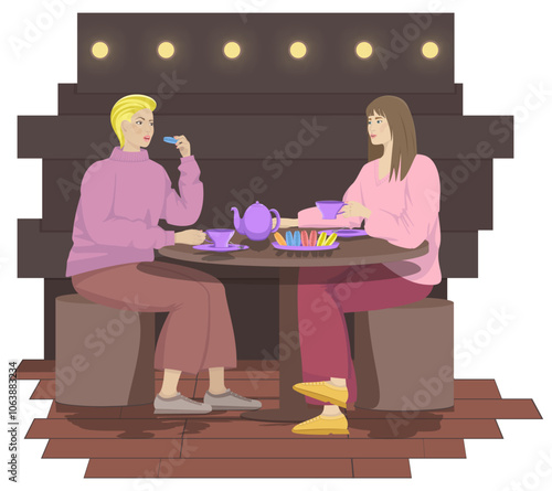 Vector illustration of a composition of a friendly tea party in an atmospheric cafe