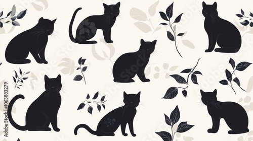 A whimsical collection of black cats in various poses and expressions, showcasing their playful and mysterious nature.