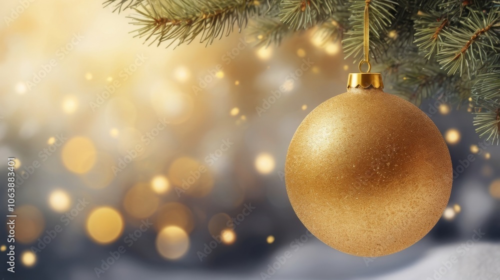Christmas background. Golden New Year's ball on a Christmas tree branch in the winter forest