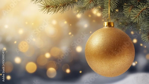Obraz na płótnie Christmas background. Golden New Year's ball on a Christmas tree branch in the winter forest w salonie