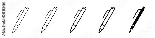 Set of 5 Pen icon, 1 Silhouette, 1 unexpanded vector, Pen, ball point, writing material, ink pen, paper, pencil, education, write, note, template, stationery, marker, learn, communication