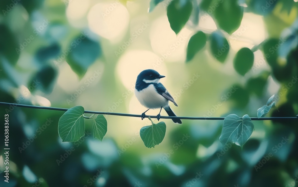 Obraz premium 緑の葉の間に佇む小さな鳥が伝える穏やかな時の流れ