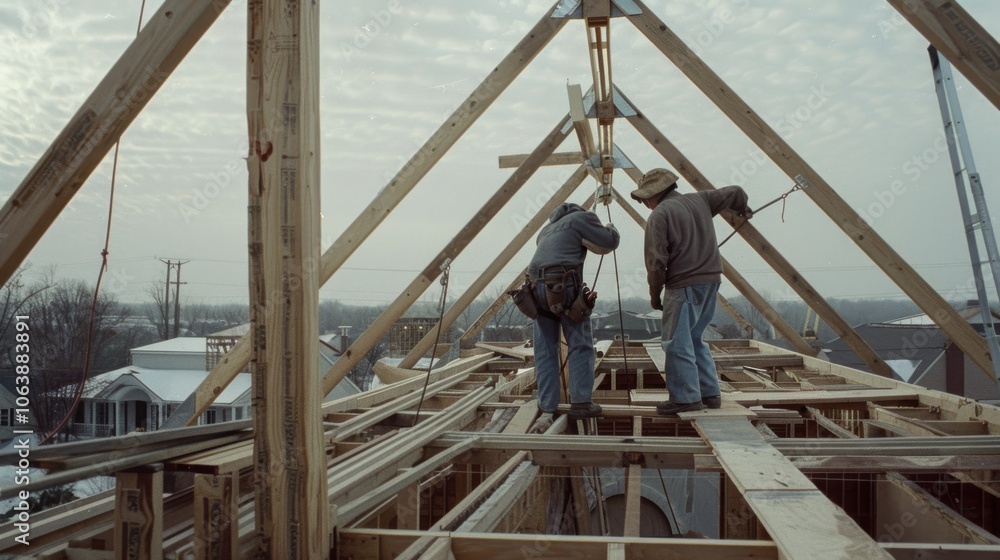 Two construction workers balance on a wooden framework, crafting a rooftop against a cloudy, serene sky. Two construction workers balance on a wooden framework, crafting a rooftop against a cloudy, serene sky.