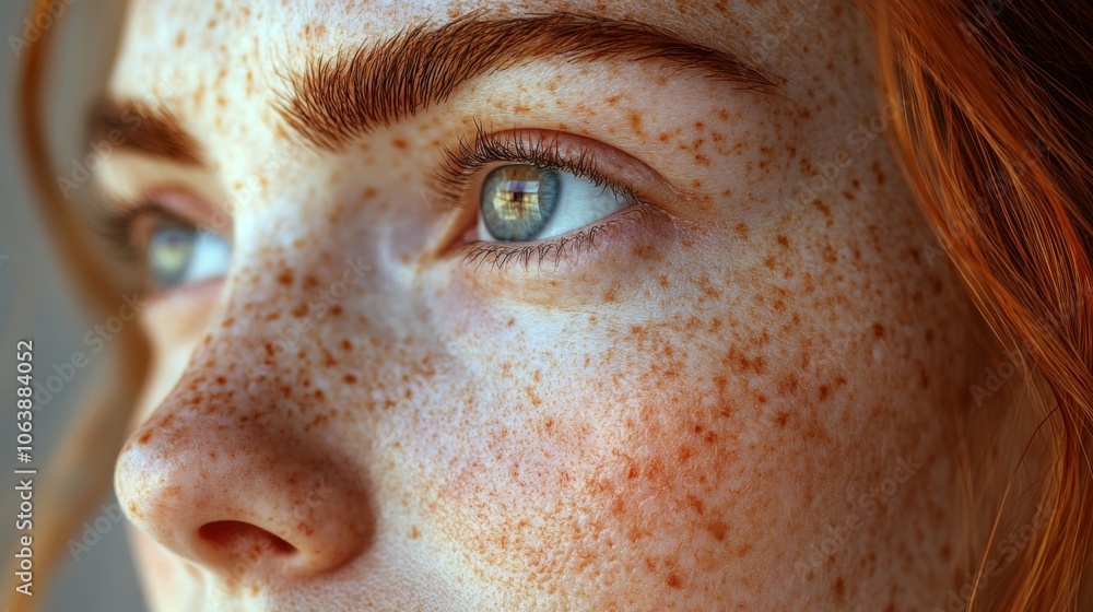 A young person with vibrant freckles gazes thoughtfully out of a sunlit window, their striking blue eyes reflecting light. The atmosphere is calm and serene.