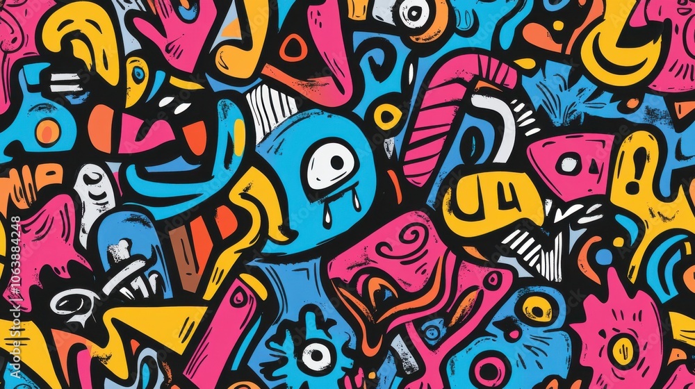 Vibrant abstract pattern filled with colorful shapes and doodles, creating a lively and dynamic atmosphere. Vibrant abstract pattern filled with colorful shapes and doodles, creating a lively and dynamic atmosphere.