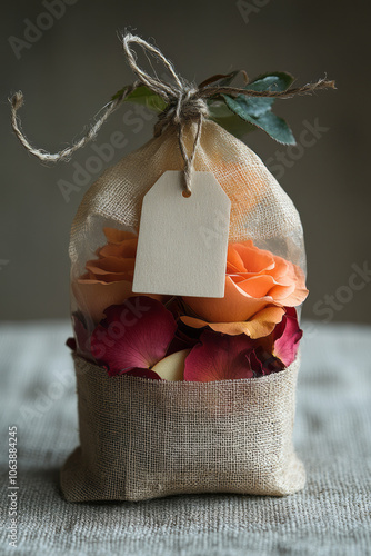 A close-up of a tea bag filled with rose petals and tiny apple pieces, with the tag elegantly resting on a smooth beige surface, creating a soft and serene minimalist aesthetic, photo