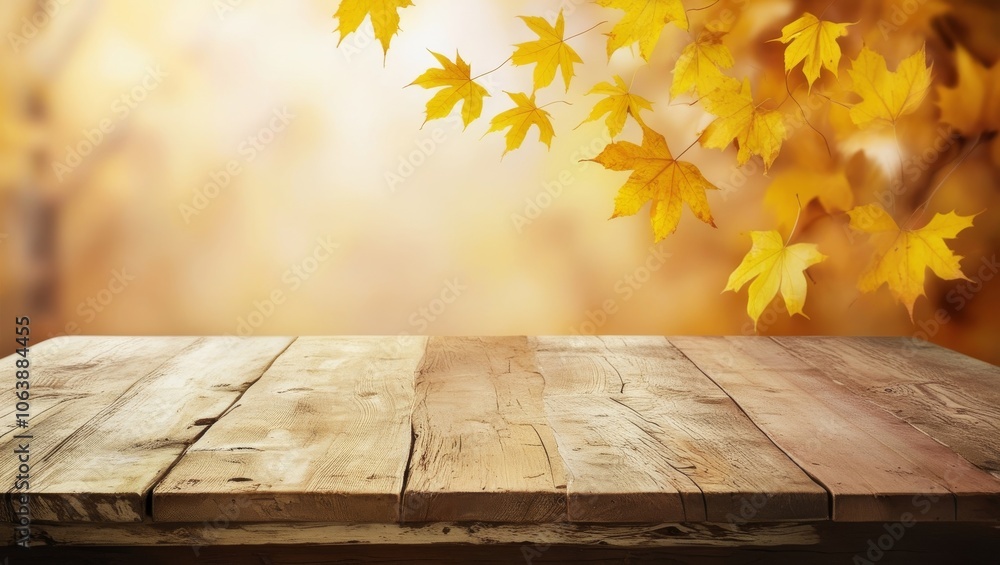 Beautiful colorful natural autumn background for presentation. Fallen dry orange leaves on wooden boards against the backdrop of a blurry autumn park.