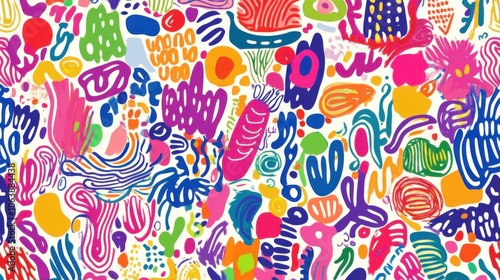 A vibrant, colorful abstract pattern featuring playful shapes and symbols, perfect for a cheerful design.