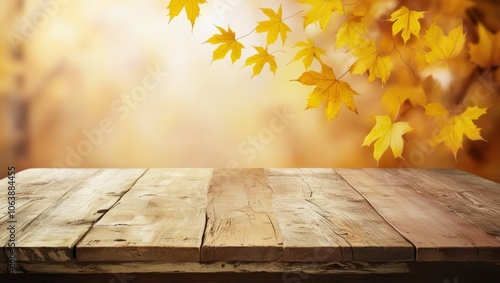 Obraz na płótnie Beautiful colorful natural autumn background for presentation. Fallen dry orange leaves on wooden boards against the backdrop of a blurry autumn park. w salonie
