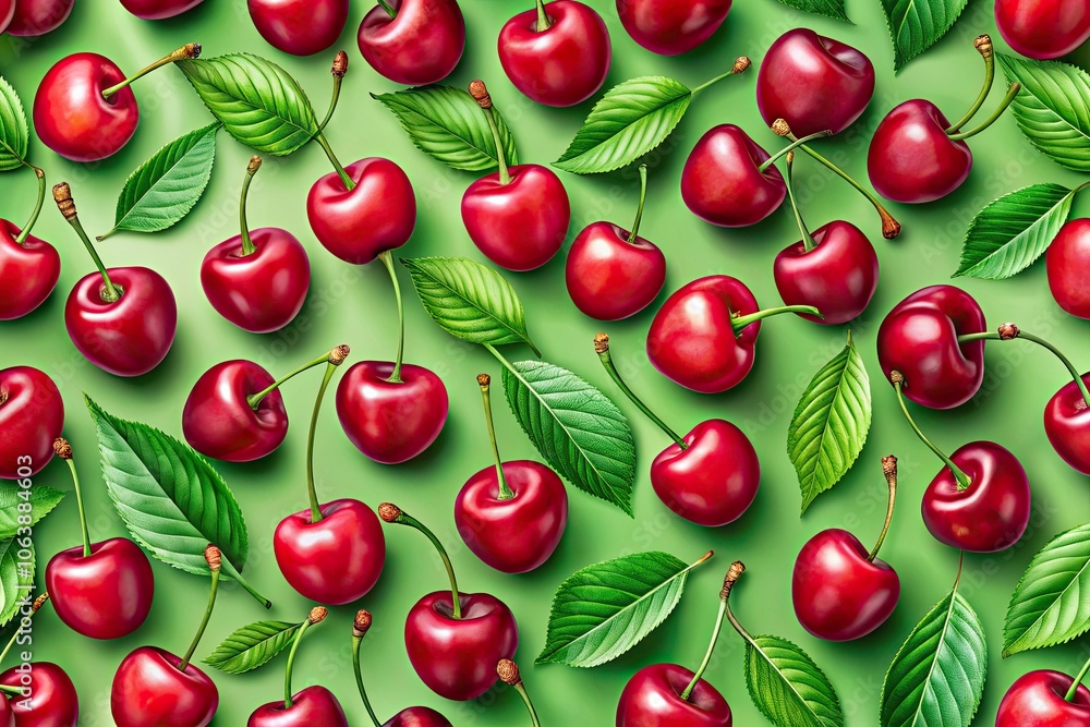 Seamless Pattern of Cherries - Fresh Fruit Design for Textiles, Wallpaper, and Packaging - Vibrant Red Cherries on a Green Background - Perfect for Summer Decor and Culinary Artwork Seamless Pattern of Cherries - Fresh Fruit Design for Textiles, Wallpaper, and Packaging - Vibrant Red Cherries on a Green Background - Perfect for Summer Decor and Culinary Artwork