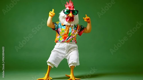A person wearing a chicken costume with a bright, colorful shirt and sunglasses dances against a green background.