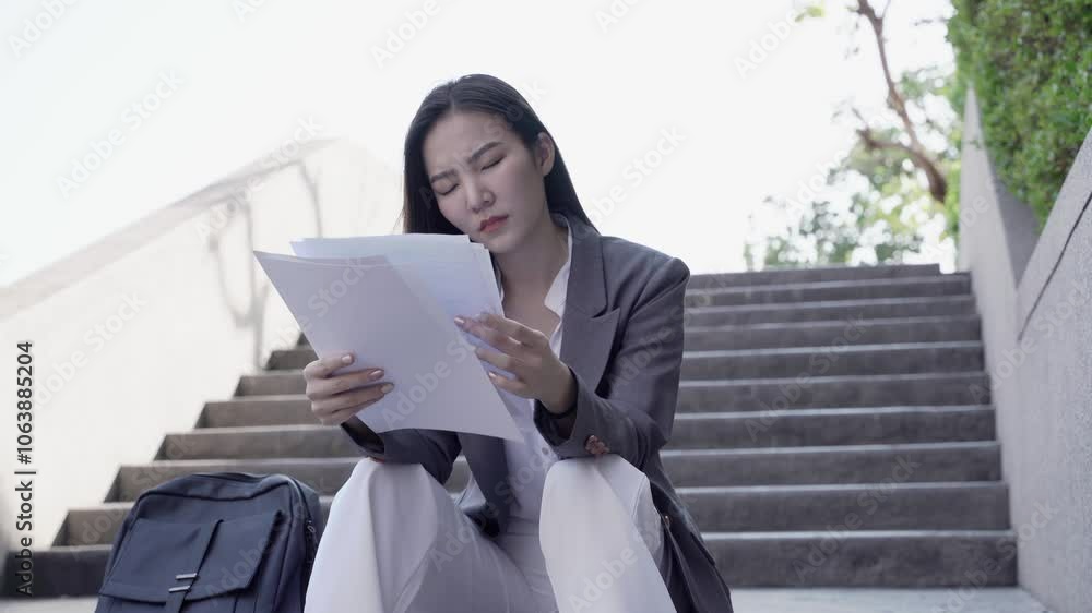 A female asian person feeling stress with resignation letter A female asian person feeling stress with resignation letter