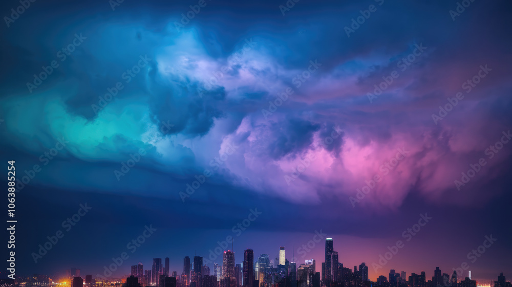 Obraz premium A breathtaking city skyline under a dramatic twilight sky, showcasing vibrant hues of teal, purple, and blue amidst rolling clouds. The scene evokes a sense of awe and wonder.