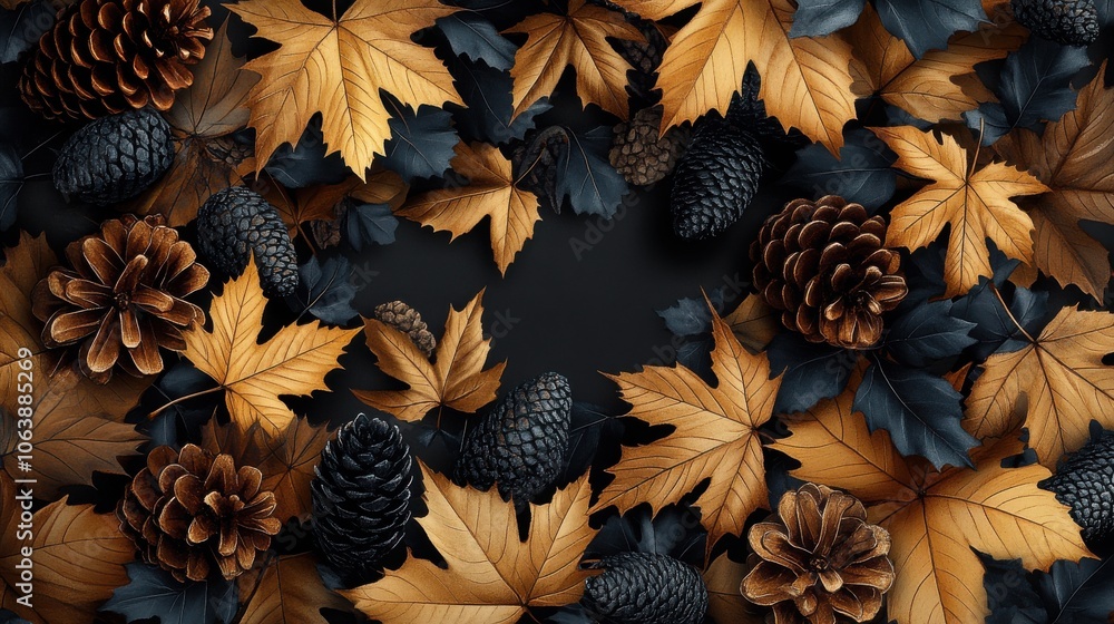 Fototapeta premium Elegant golden leaves and pine cones arranged artfully on a dark background, creating a luxurious autumn ambiance.
