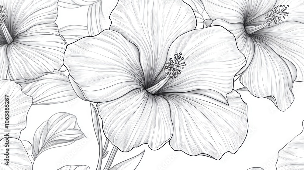 Fototapeta premium A delicate white hibiscus flower illustration showcasing intricate line details and elegant petals.