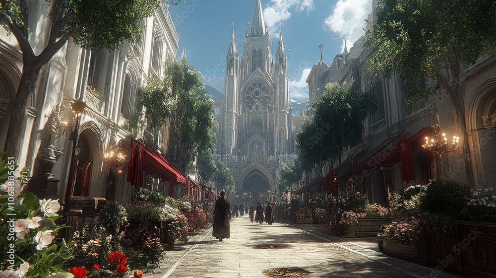 Obraz premium A grand, white stone cathedral sits at the end of a cobblestone street lined with trees and shops, bathed in the golden light of a sunny day.