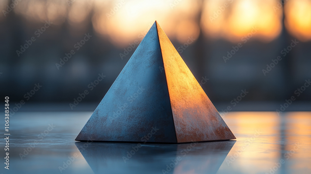 Fototapeta premium A geometric 3D cone with a muted steel color, placed on a flat, light surface, with the top of the cone softly glowing from ambient light, creating a sense of calm and simplicity,
