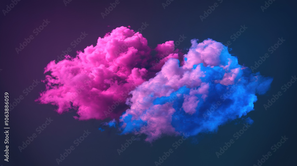 Two vibrant clouds blend shades of pink and blue, creating a striking contrast against a dark gradient background, evoking a whimsical and dreamy atmosphere. Two vibrant clouds blend shades of pink and blue, creating a striking contrast against a dark gradient background, evoking a whimsical and dreamy atmosphere.