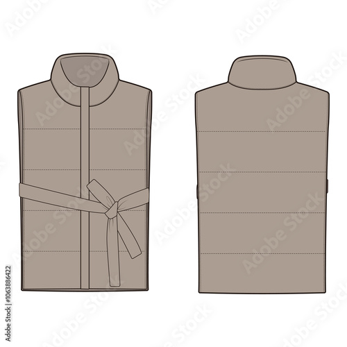 Taupe belted puffer vest front and back view illustration.
