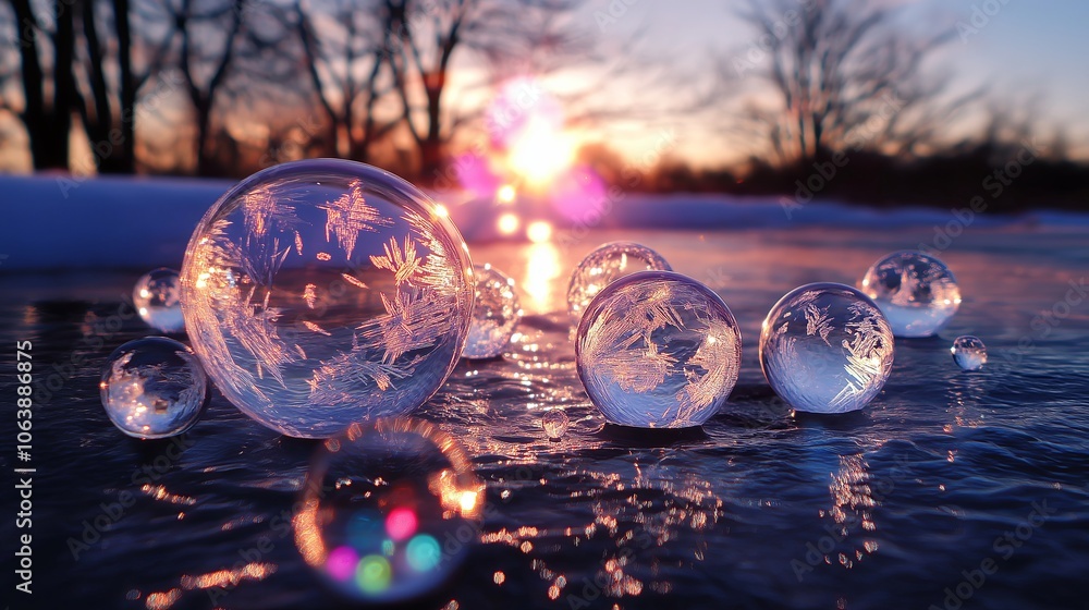 Frozen bubbles trapped beneath the surface of a lake, creating a unique winter phenomenon Frozen bubbles trapped beneath the surface of a lake, creating a unique winter phenomenon