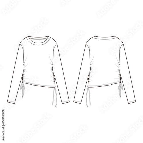 Side Ruched Long Sleeve Top Front and Back Technical Template

