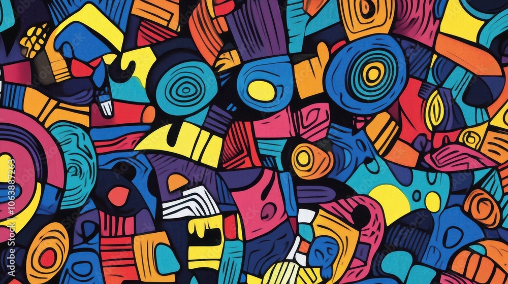 Fototapeta premium Vibrant abstract artwork featuring bold geometric shapes in blue, orange, and yellow hues.