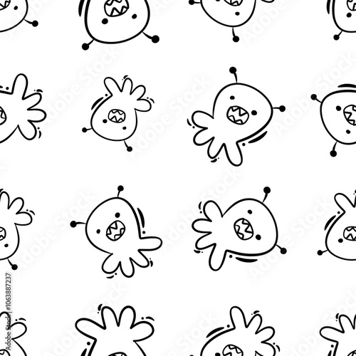 Seamless childish pattern with cute aliens. Hand drawn doodle style. Alien pattern, kids pattern in doodle hand drawn style.