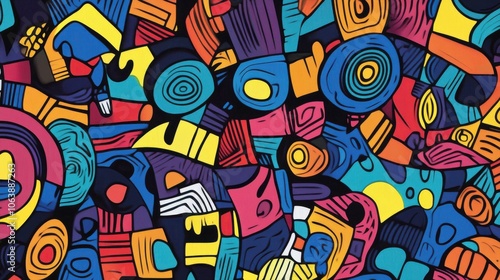 Vibrant abstract artwork featuring bold geometric shapes in blue, orange, and yellow hues.