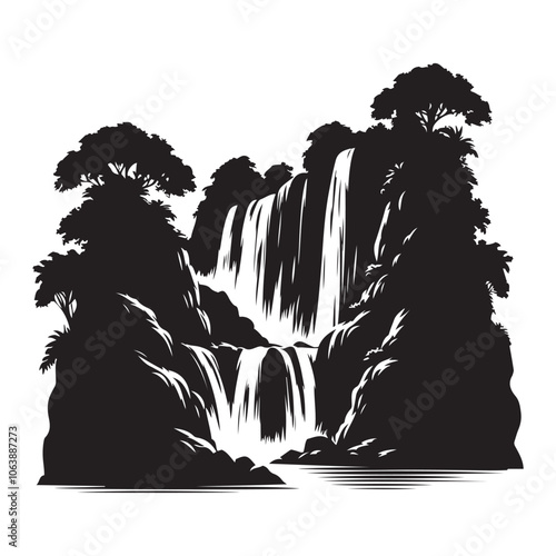 Waterfall cascading silhouette vector art black color design and solid white background 