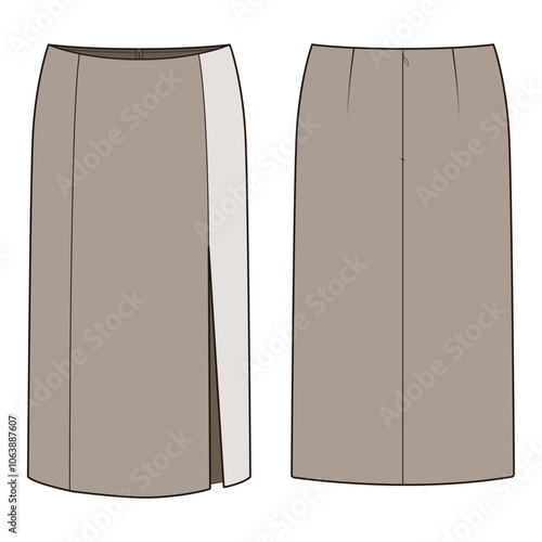 Taupe Midi Pencil Skirt Front and Back Technical Drawing
