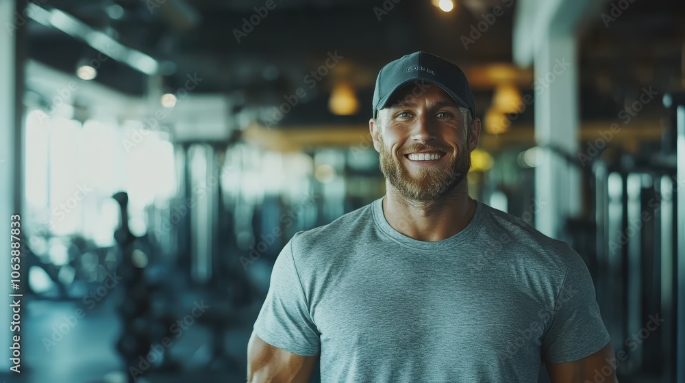 A cheerful man wearing a gray t-shirt and cap, posing confidently in a well-lit gym, embodying positivity, strength, and dedication. Equipment fills the background. A cheerful man wearing a gray t-shirt and cap, posing confidently in a well-lit gym, embodying positivity, strength, and dedication. Equipment fills the background.