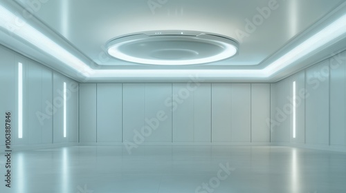 A spacious and minimalistic white room features a futuristic ceiling design with integrated lighting, creating a sense of modern elegance and technological advancement. photo