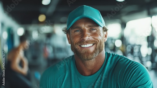 Captured in a gym environment, this image features a jovial man wearing a teal cap and shirt, exuding enthusiasm, motivation, and liveliness amidst workout equipment.