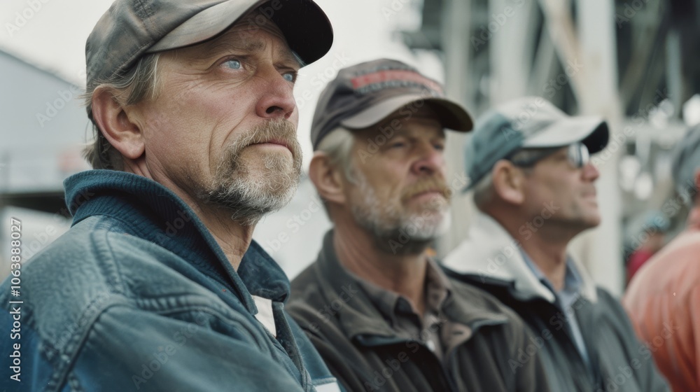 A group of laborers stands attentively, embodying resilience and cooperation at an industrial workspace. A group of laborers stands attentively, embodying resilience and cooperation at an industrial workspace.