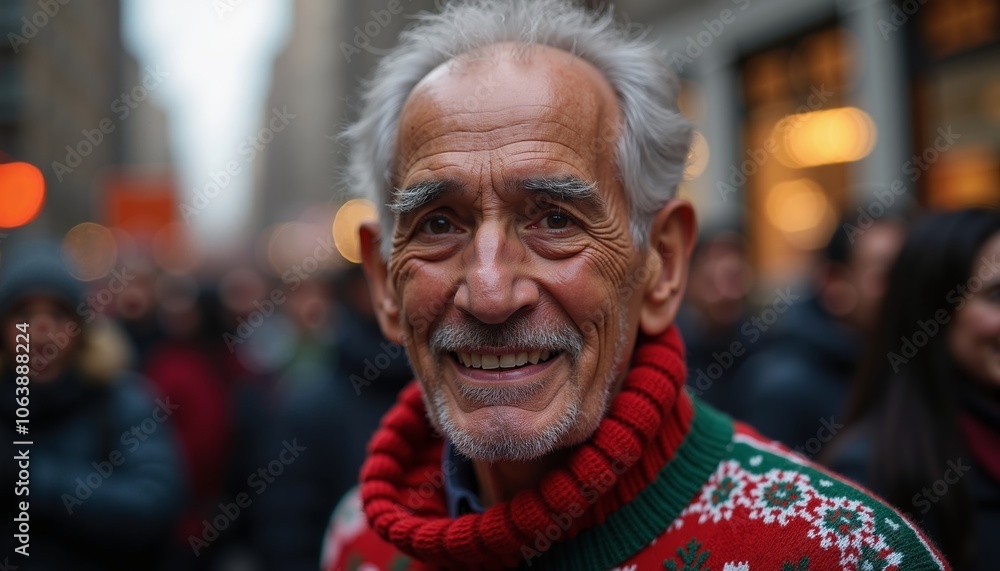 Cheerful elderly man wearing a festive sweater stands among a crowd on a lively city street during the holiday season Cheerful elderly man wearing a festive sweater stands among a crowd on a lively city street during the holiday season