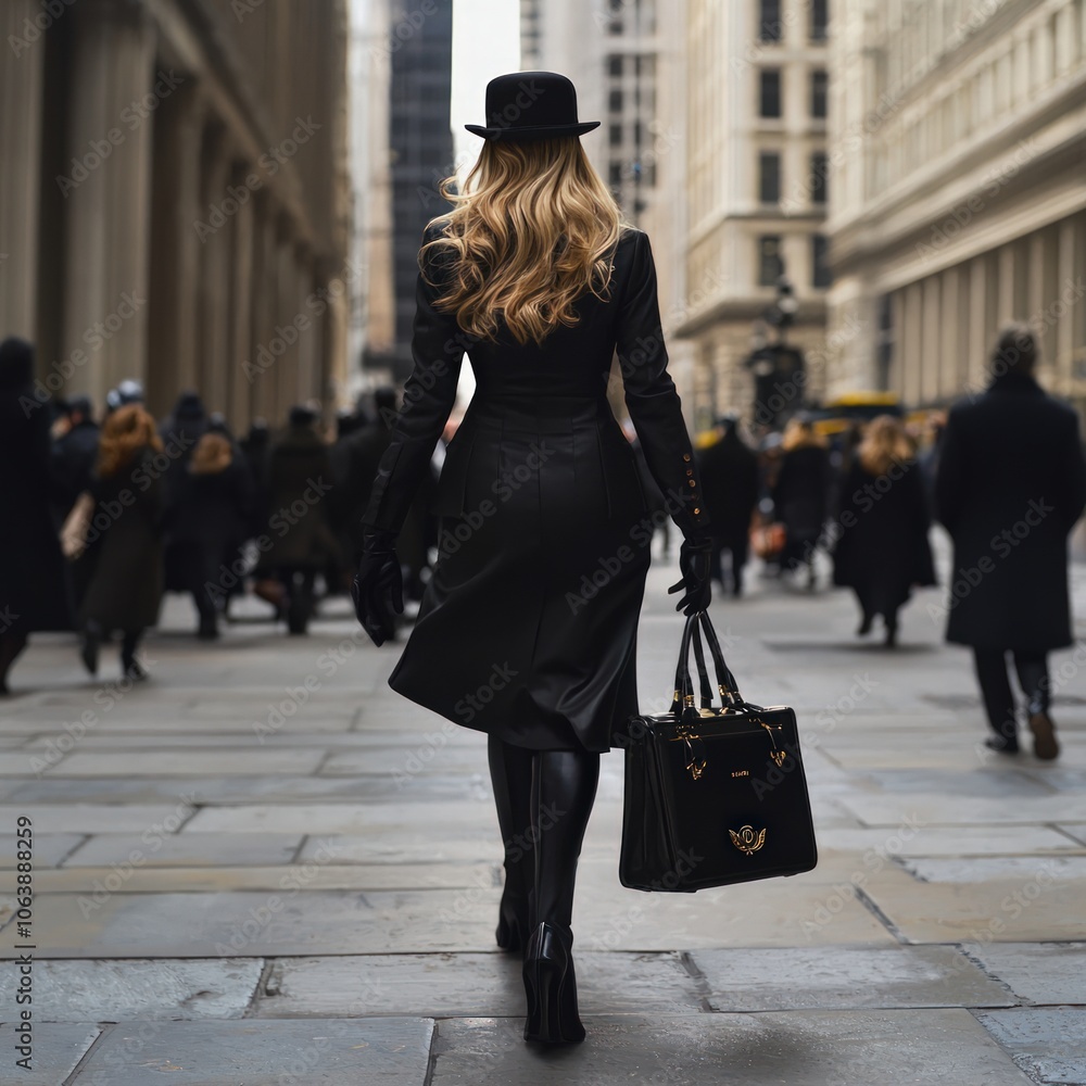 Fototapeta premium Elegant Woman in Black Coat Walks Through City Street